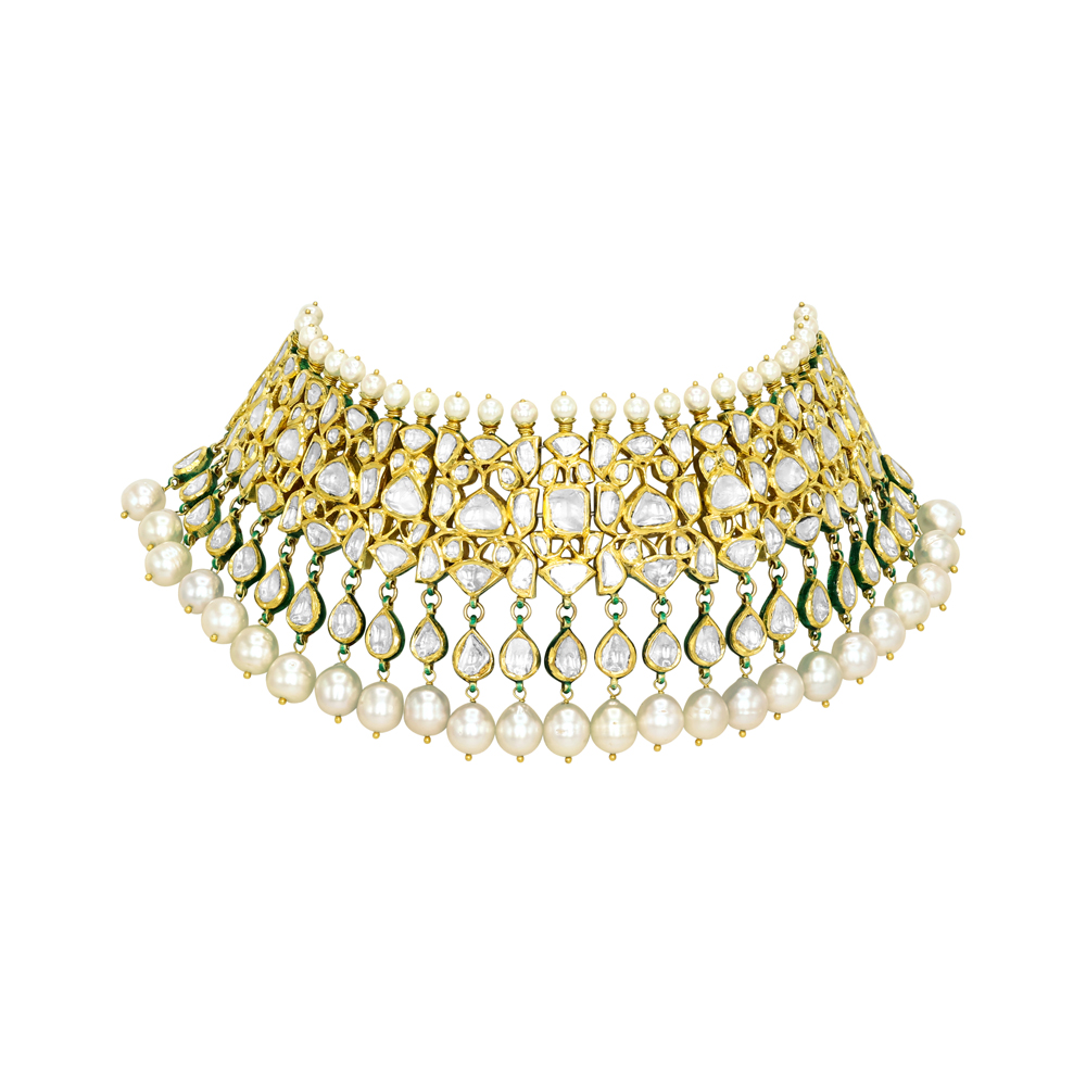 Gold Polki Choker with Pearls and Cascading Drops